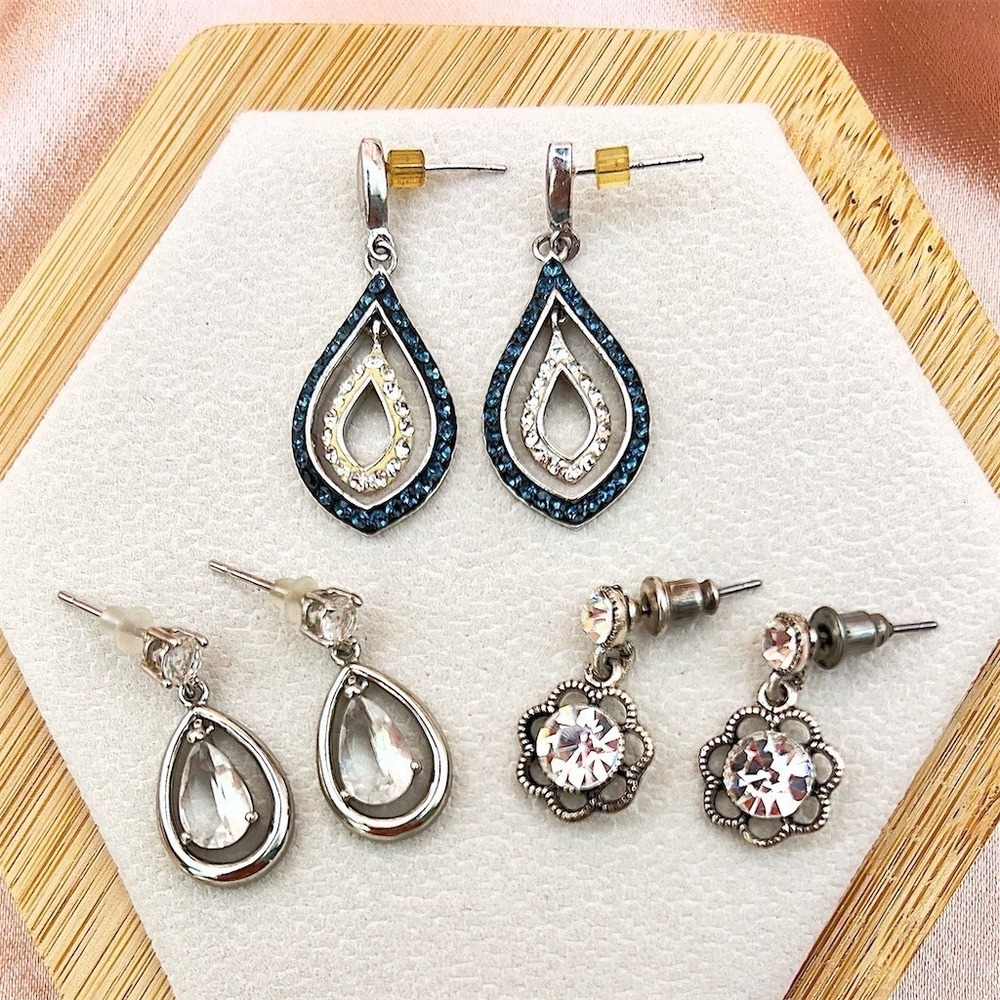 Vintage Estate Pierced Earrings Lot 3 Teardrop Floral Dangle Clear Crystal